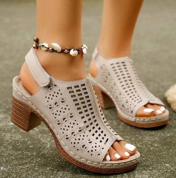 . Shoes - Summer Women Chunky Heel Fish Mouth Sandals With Hollow Out Breathable Design